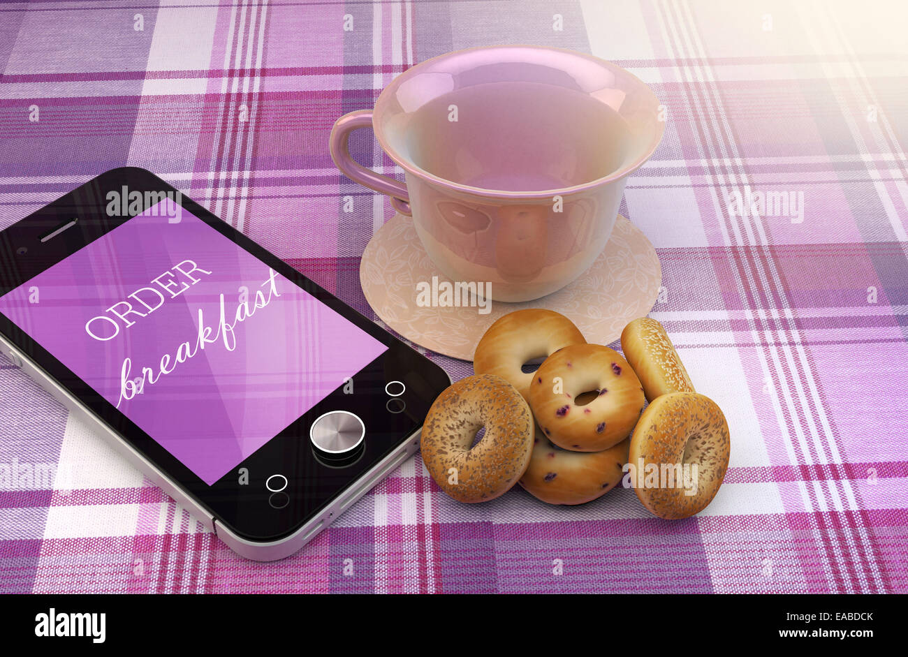 Telefono cellulare con ordinare la colazione testo, tazza di caffè e ciambelle, ordinare on-line concept design illustrazione. Foto Stock