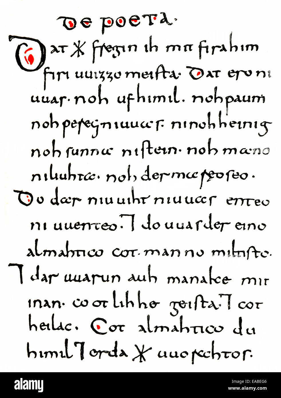 Manoscritto storico, la preghiera di Wessobrunn o la creazione di Wessobrunn poesia, in alta vecchio tedesco, pergamena raccolta Foto Stock