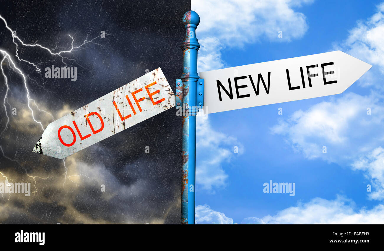 Illustrazione raffigurante un cartello stradale con una vecchia vita nuova vita concetto. Foto Stock
