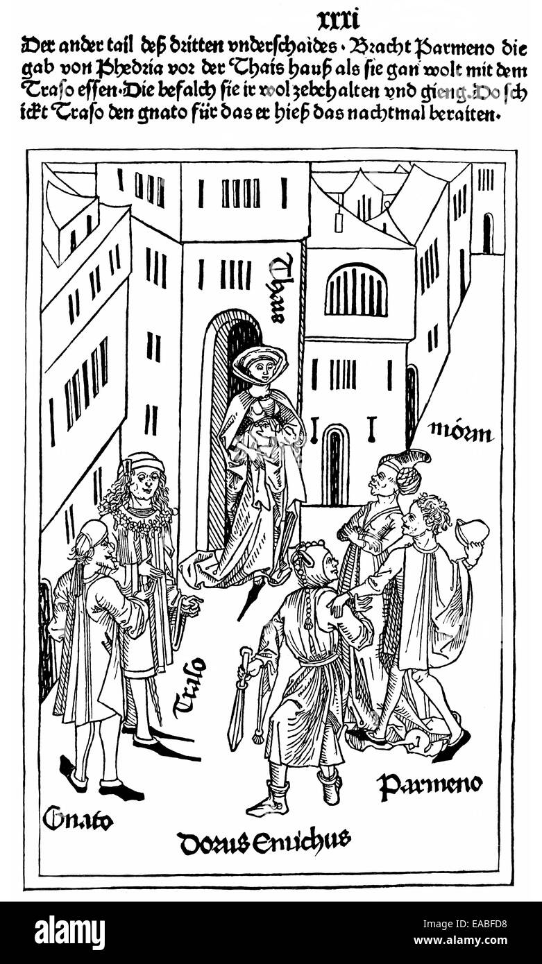 Libro storico illustrazione fin dai primi giorni della stampa, xilografia da Ulm Terenz Master, 1486, un tardo-medievale, artista 15 Foto Stock