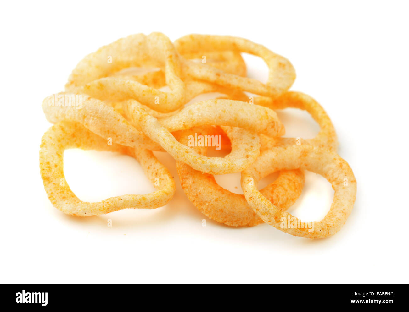 Anelli di cipolla fritti isolato su bianco Foto Stock