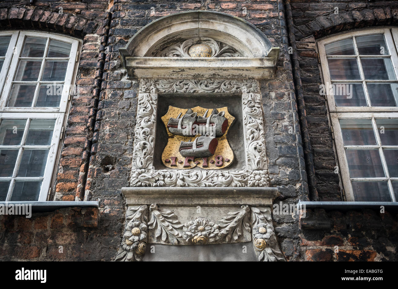Dettagli del tenement house cittadina principale di Danzica, Polonia Foto Stock
