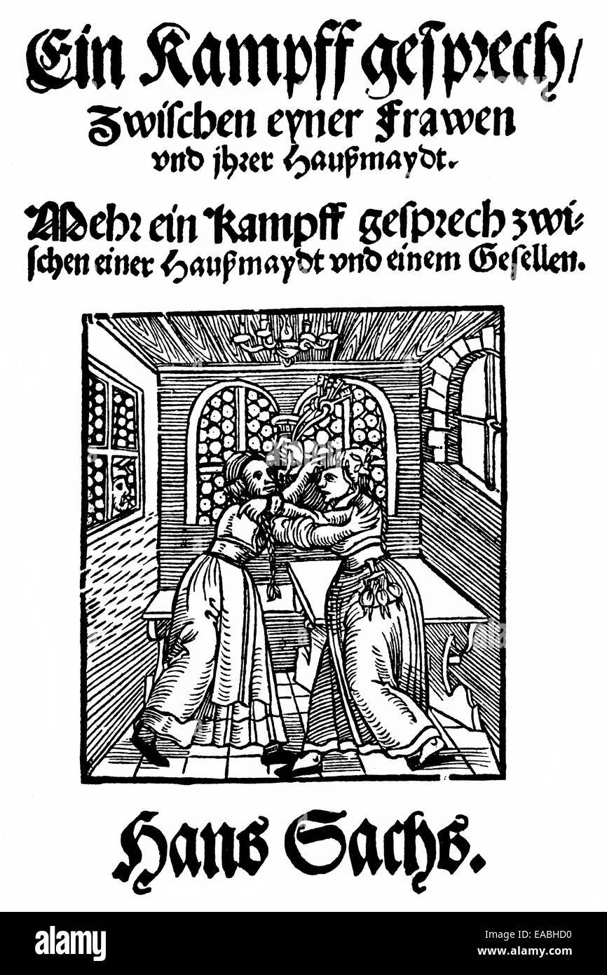 1553; pagina anteriore da Hans Sachs; 1494 - 1576; un poeta di Norimberga; il drammaturgo e Meistersinger; Holzschnitt von 1553; Titelseite vo Foto Stock