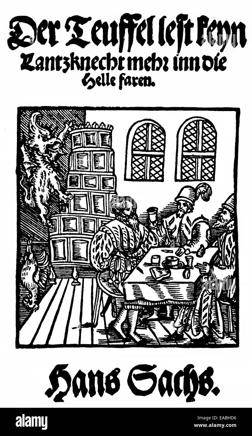 1556; pagina anteriore da Hans Sachs; 1494 - 1576; un poeta di Norimberga; il drammaturgo e Meistersinger; Holzschnitt von 1556; Titelseite vo Foto Stock