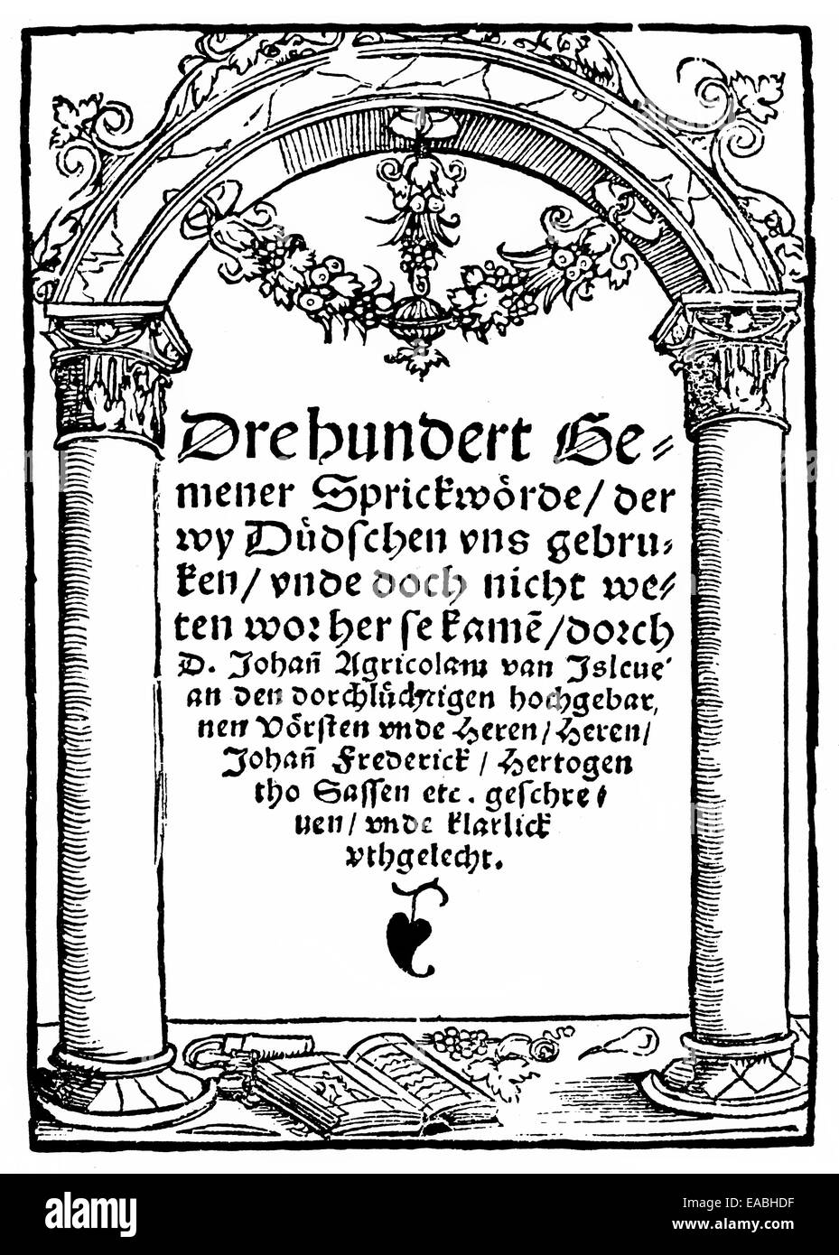 1528, pagina anteriore del libro dei proverbi di Johannes Agricola, 1494 - 1566, un riformatore tedesco, 1528 Titelseite der Sprichwörter Foto Stock