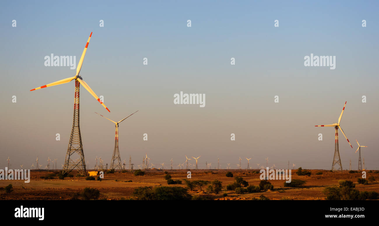 Generazione di elettricità in mulini a vento in Indian deserto di Thar la raccolta di energia eolica Foto Stock