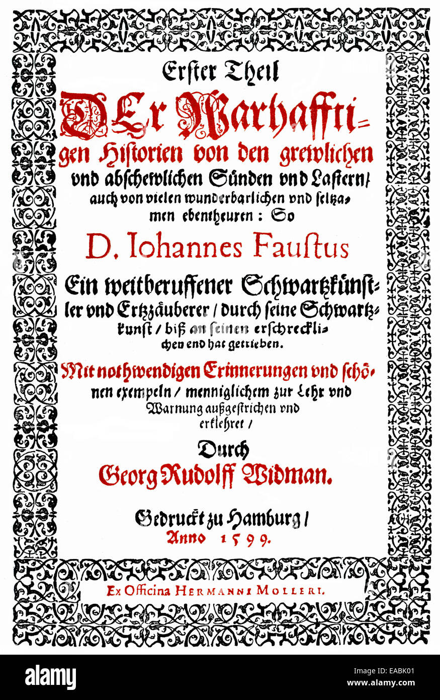 Stampa storico, 1599, pagina anteriore di un libro di Faust di Georg Rudolf Widmann, Historische Druck, 1599, Titelseite eines Faust-Buches Foto Stock