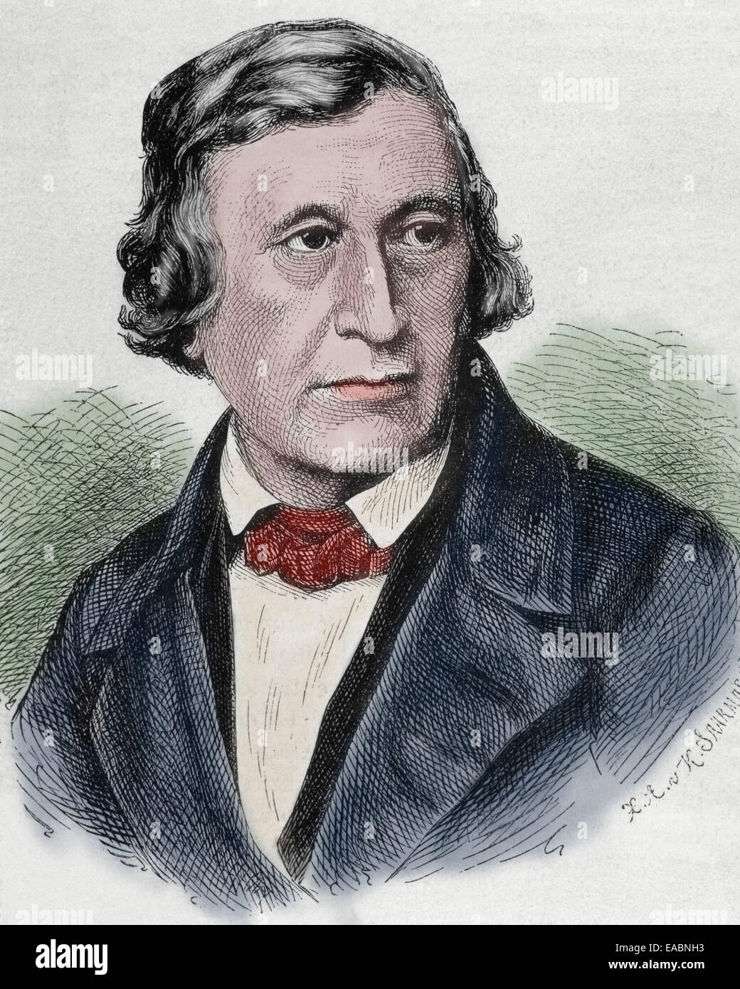 Wilhelm Grimm (1786-1859). Autore tedesco, il più giovane dei fratelli Grimm. Ritratto. Incisione. Colorati. Foto Stock