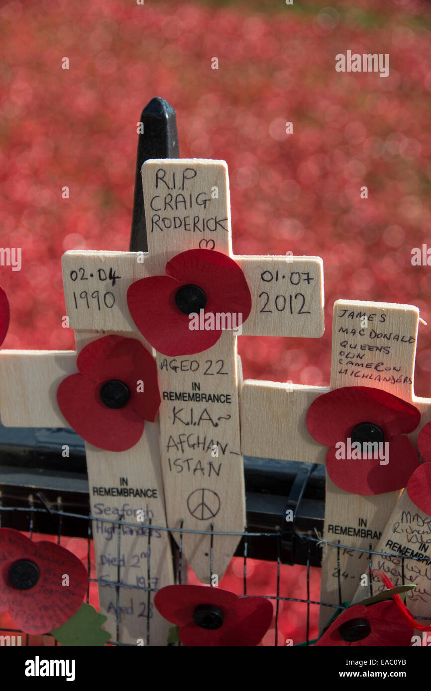 Omaggi a soldati uccisi in guerra. Torre di Londra, Inghilterra. Novembre 2014 Foto Stock