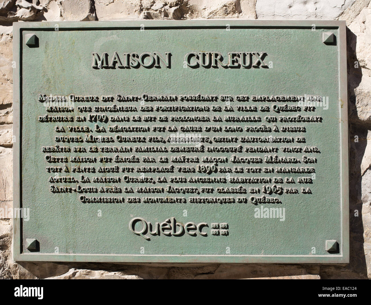La placca al di fuori della Maison Michel-Cureux o Michel Cureux house, Quebec, Canada Foto Stock