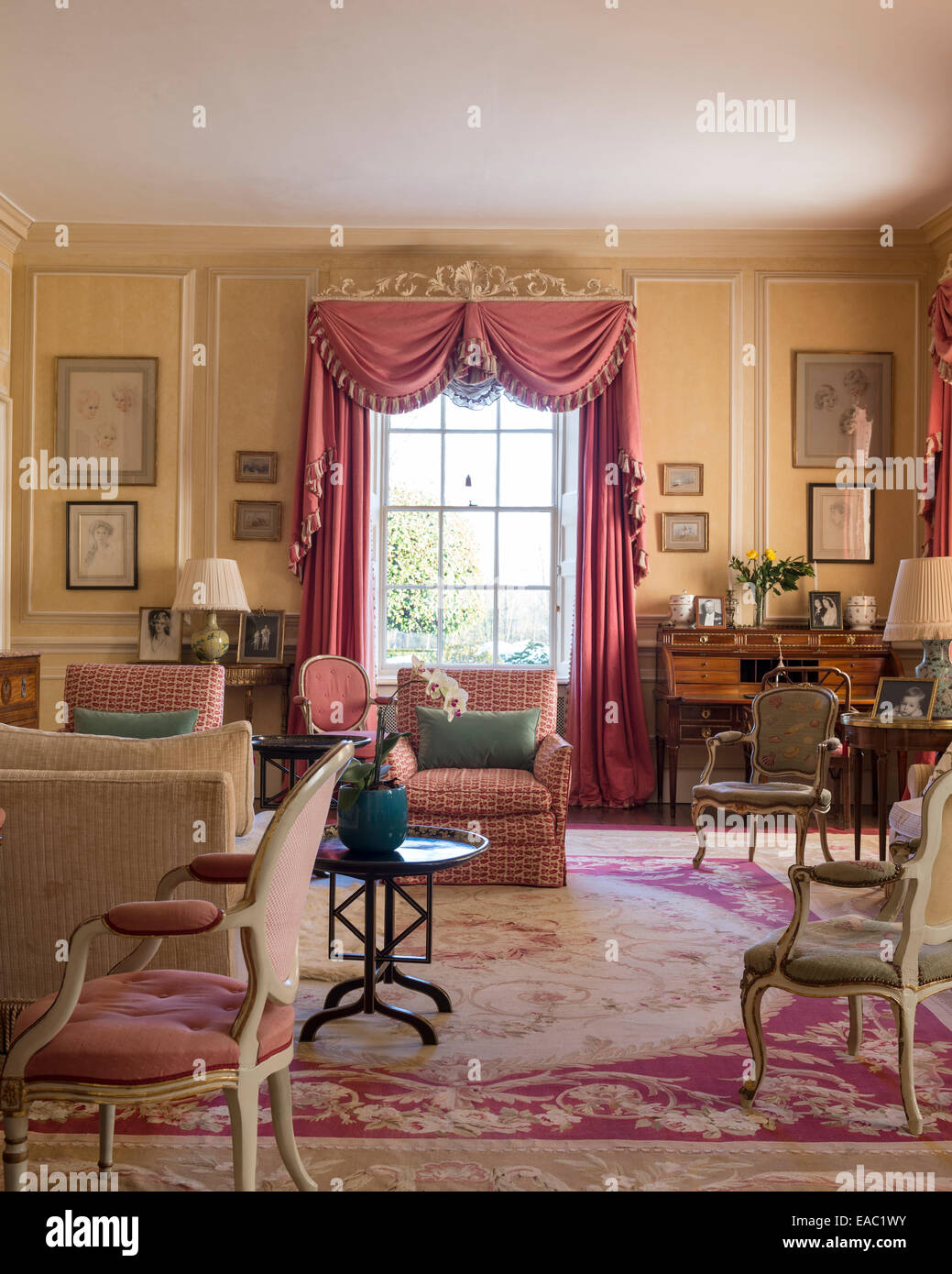 Rosa polveroso tende colorate con festoni e code in salotto elegante con stile Luigi XVI poltrone e tappeto di grandi dimensioni Foto Stock