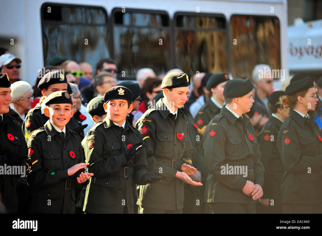 London, Ontario, Canada. 11 Novembre, 2014. Il passato e il presente dei membri della Canadian servizi armati e i membri del pubblico a raccogliere il cenotafio in London, Ontario per osservare il giorno del ricordo. Su questo pubblico su tutto il territorio nazionale per le vacanze europee tenere cerimonie a pagare rispetto ai caduti. Credito: Jonny bianco/Alamy Live News Foto Stock