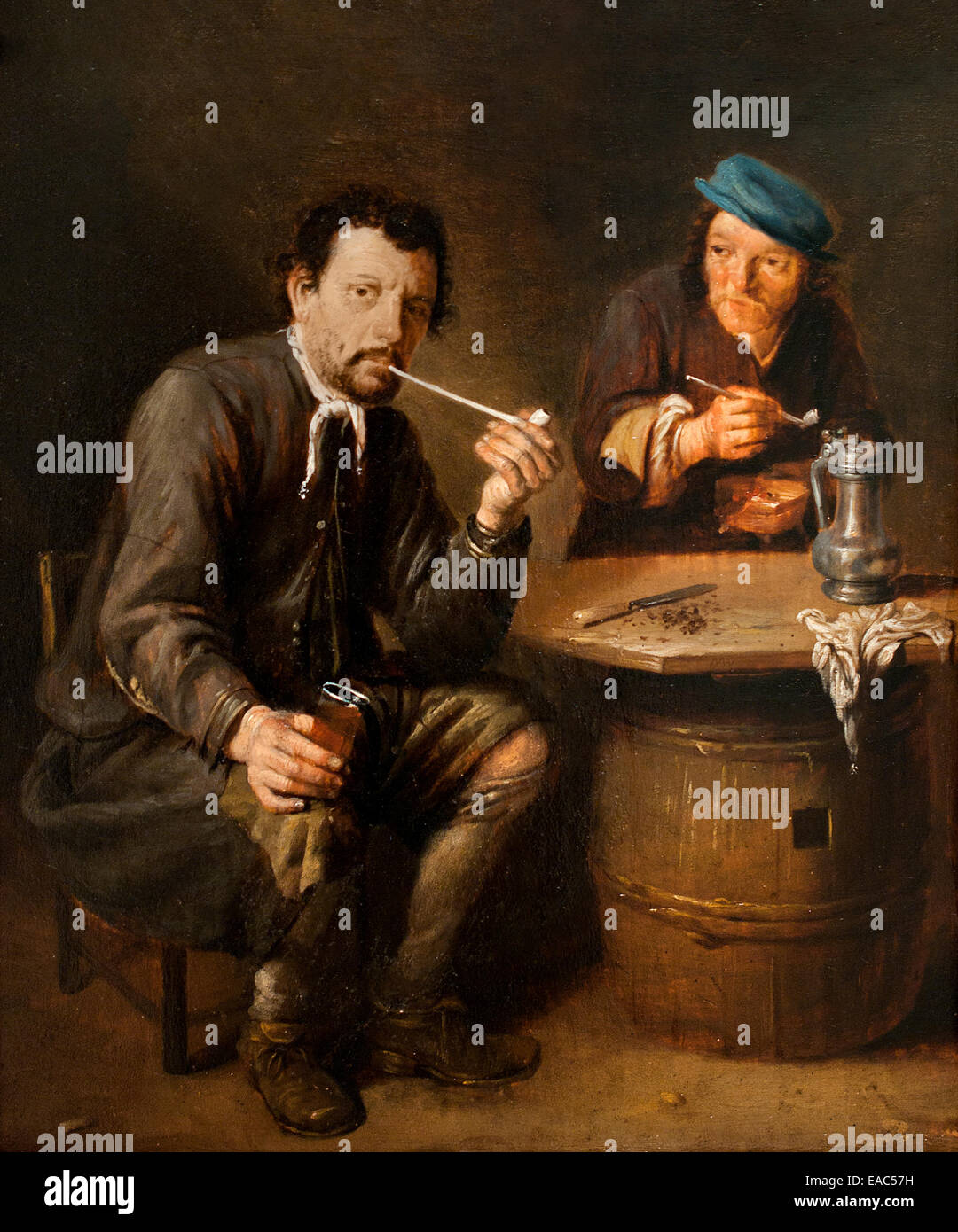 Deux fumer dans un cabaret - Due di fumare in una taverna di Mathijs Wulfraet 1648 - 1727 Dutch Golden Age pittore Foto Stock