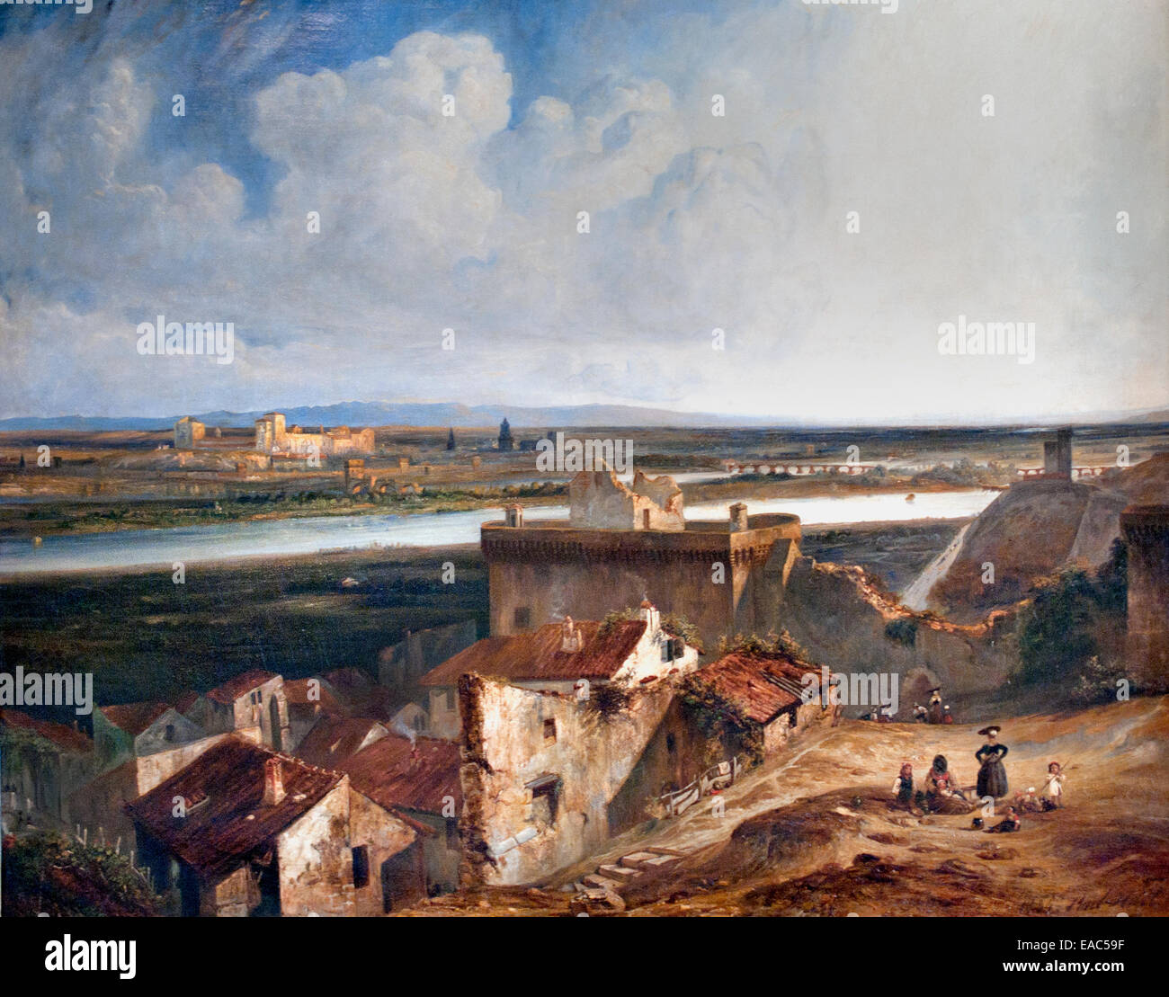 Panoramica di Avignone e Villeneuve lez Avignon presi da Fort Saint André 1834 Paul Huet 1803 -1869 Panoramica Francia - Francese Foto Stock