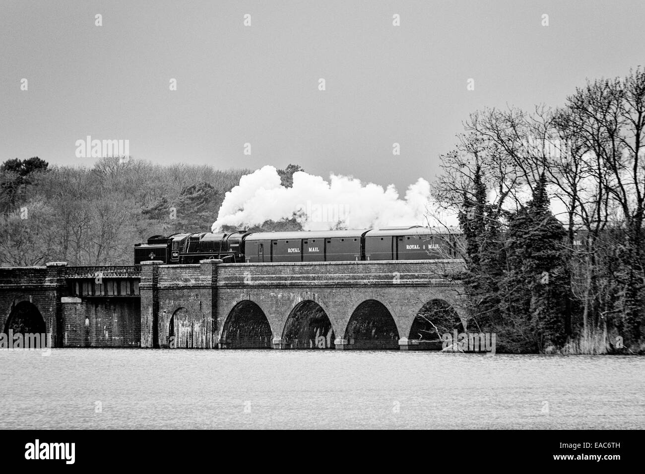Visualizzazione bianco e nero di BR Standard 9F il vapore loco voce un mail in treno attraverso Swithland serbatoio sulla grande stazione ferroviaria centrale Foto Stock
