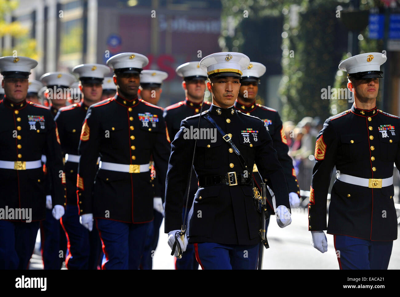 New York, Stati Uniti d'America. Xi Nov, 2014. Le persone prendono parte a una giornata di veterani Parade di New York, gli Stati Uniti il 9 novembre 11, 2014. Credito: Wang Lei/Xinhua/Alamy Live News Foto Stock