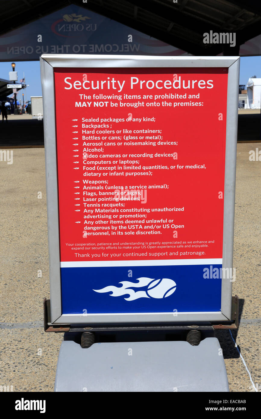 Procedure di sicurezza segno a US Open Tennis Center Flushing Meadows Queens New York Foto Stock