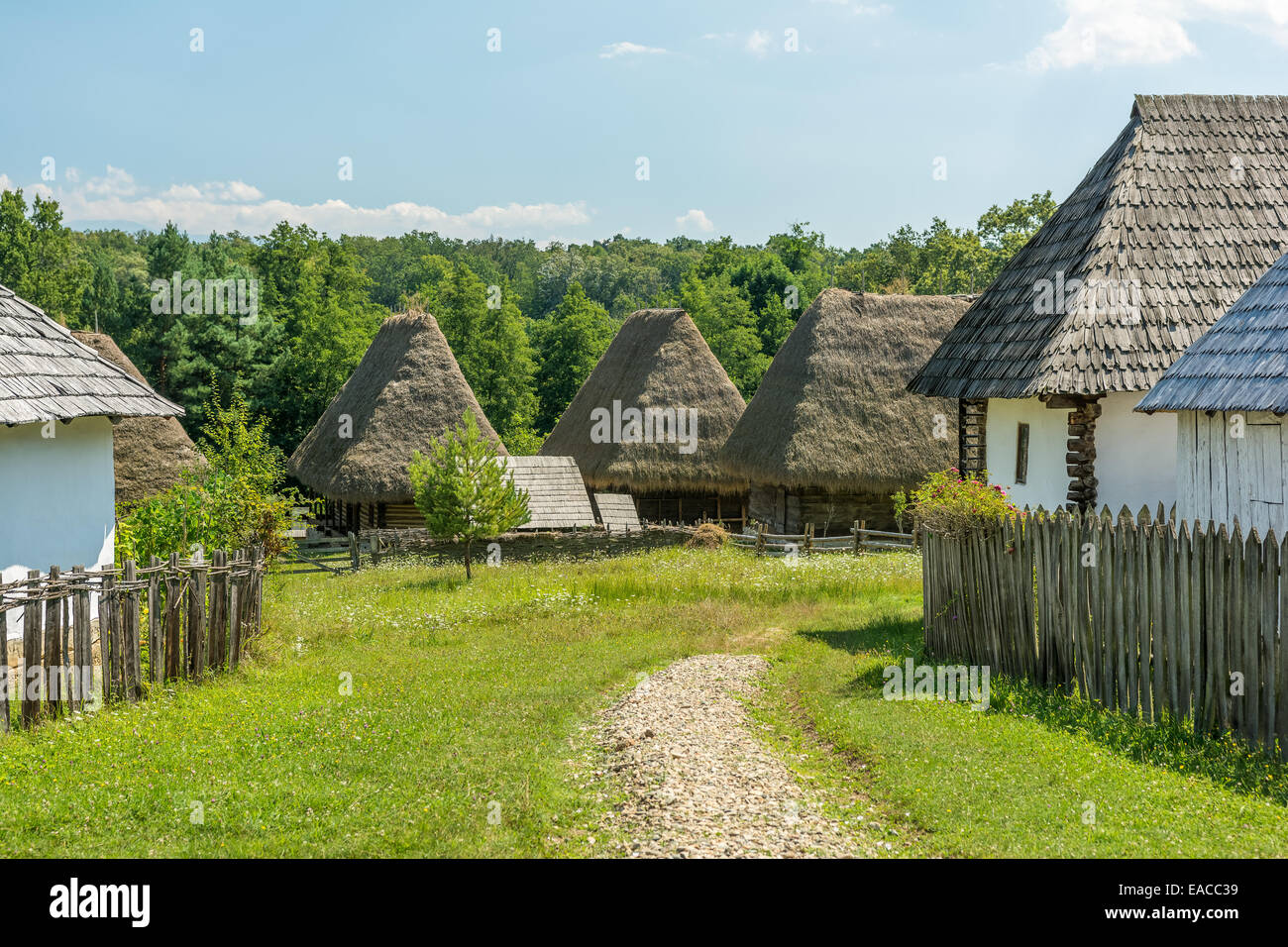 Il vecchio villaggio rumeno in vista delle montagne dei Carpazi Foto Stock