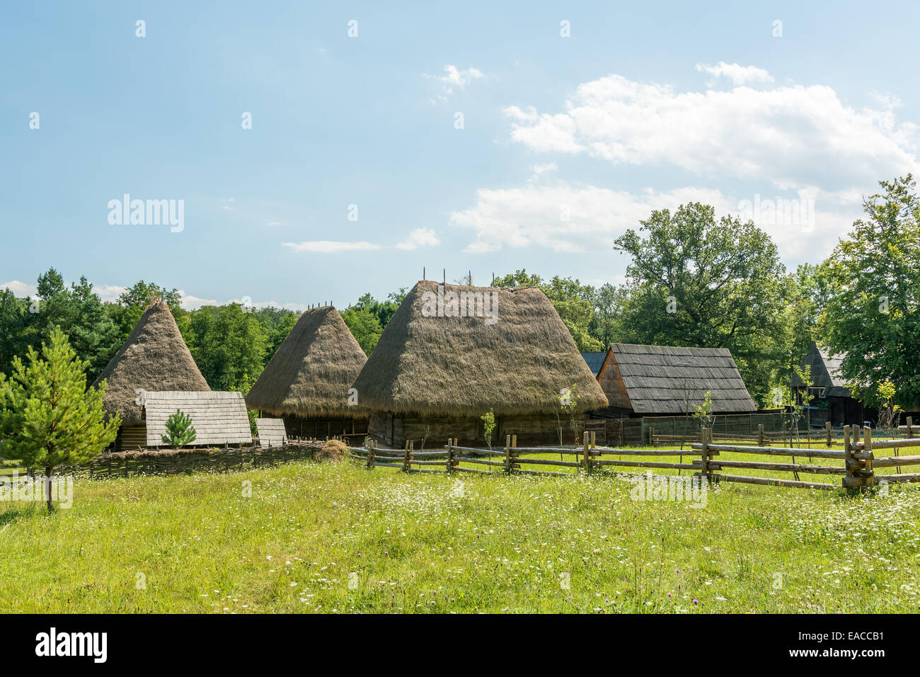 Il vecchio villaggio rumeno in vista delle montagne dei Carpazi Foto Stock