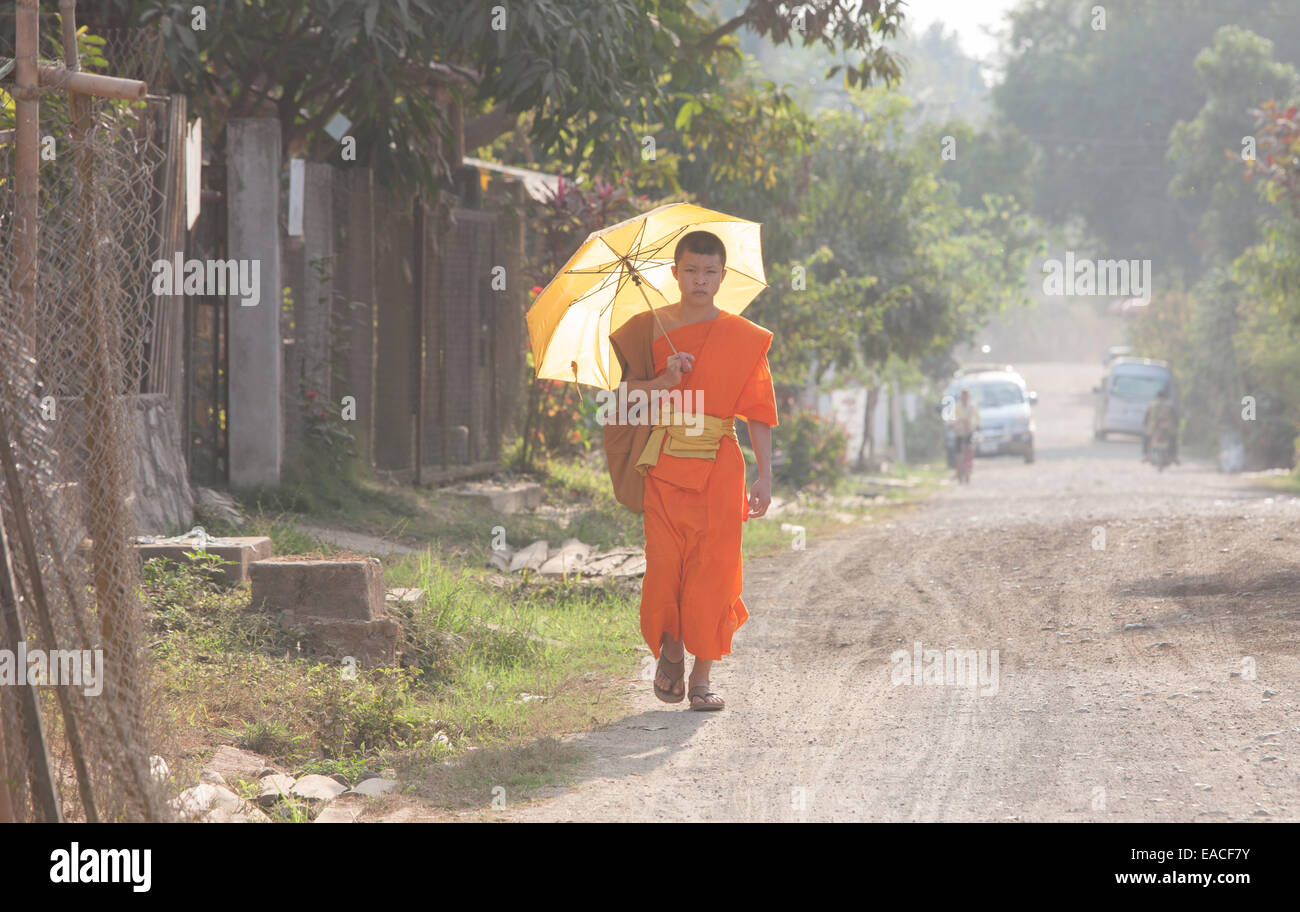 Monaco buddista con ombrellone a piedi attraverso Ban Xang Khong village vicino a Luang Prabang, Laos, Asia sud-orientale, Asia Foto Stock