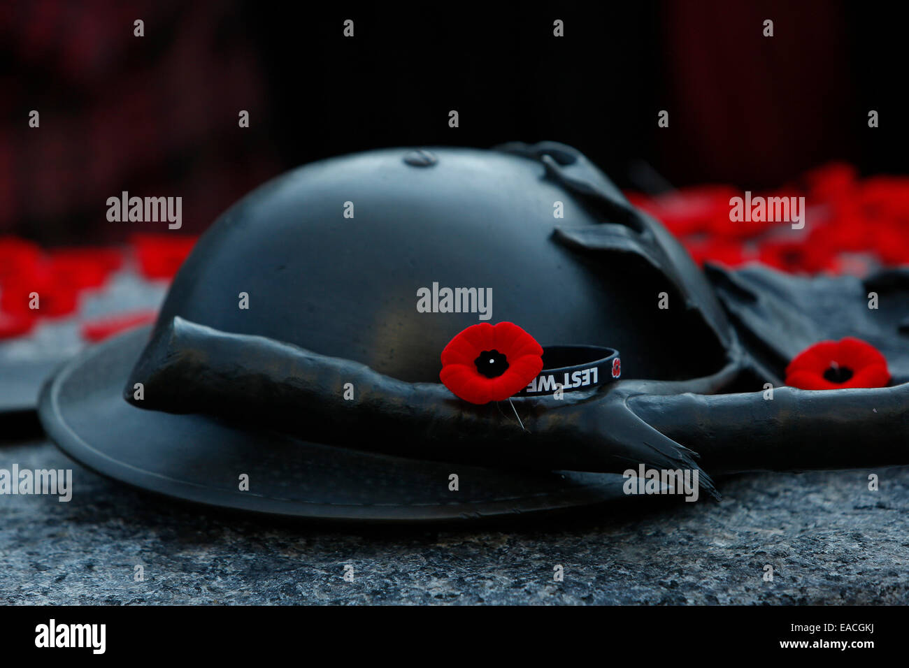 Ottawa, Canada. Xi Nov, 2014. Papaveri e altri cimeli sono visto sulla tomba del Milite Ignoto presso il National War monumento durante il Giorno del Ricordo cerimonia in Ottawa, Canada, su nov. 11, 2014. Il 9 novembre 11 Ogni anno, i Canadesi riflettere e onorare i loro dei veterani di guerra e i soldati caduti indossando un papavero e osservando un minuto di silenzio in occasione dell'undicesima minuto dell'undicesima ora. Quest'anno la cerimonia di Ottawa ha avuto ulteriore importanza e ha attirato una maggiore del solito la folla di spettatori a causa del recente assassinio di due soldati canadesi sul terreno di casa. Credito: Xinhua/Alamy Live Foto Stock