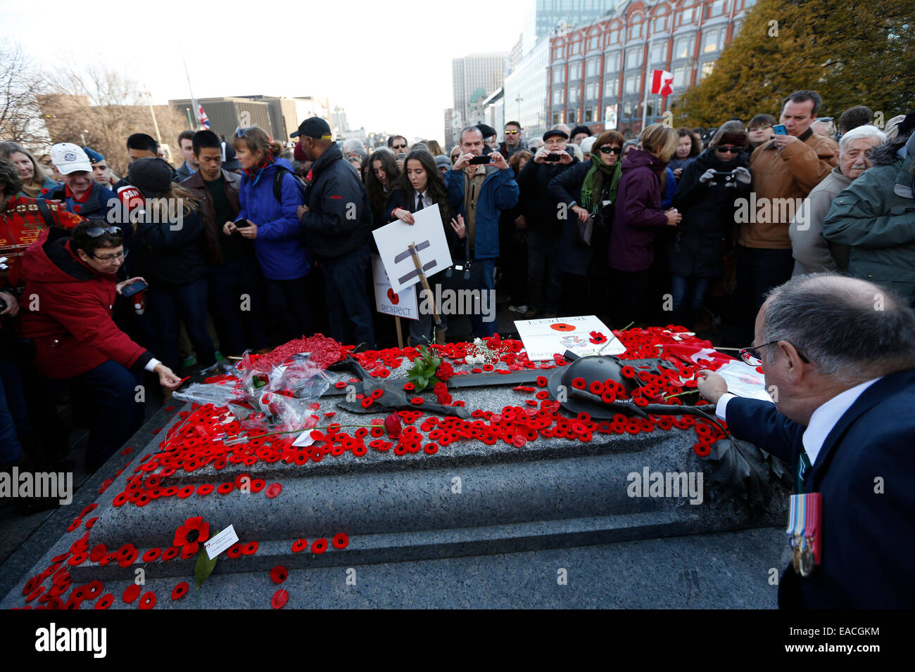 Ottawa, Canada. Xi Nov, 2014. Il pubblico di lasciare il papavero e altri cimeli sulla tomba del Milite Ignoto presso il National War monumento durante il Giorno del Ricordo cerimonia in Ottawa, Canada, su nov. 11, 2014. Il 9 novembre 11 Ogni anno, i Canadesi riflettere e onorare i loro dei veterani di guerra e i soldati caduti indossando un papavero e osservando un minuto di silenzio in occasione dell'undicesima minuto dell'undicesima ora. Quest'anno la cerimonia di Ottawa ha avuto ulteriore importanza e ha attirato una maggiore del solito la folla di spettatori a causa del recente assassinio di due soldati canadesi sul terreno di casa. © Xinhua/Alamy Live Foto Stock