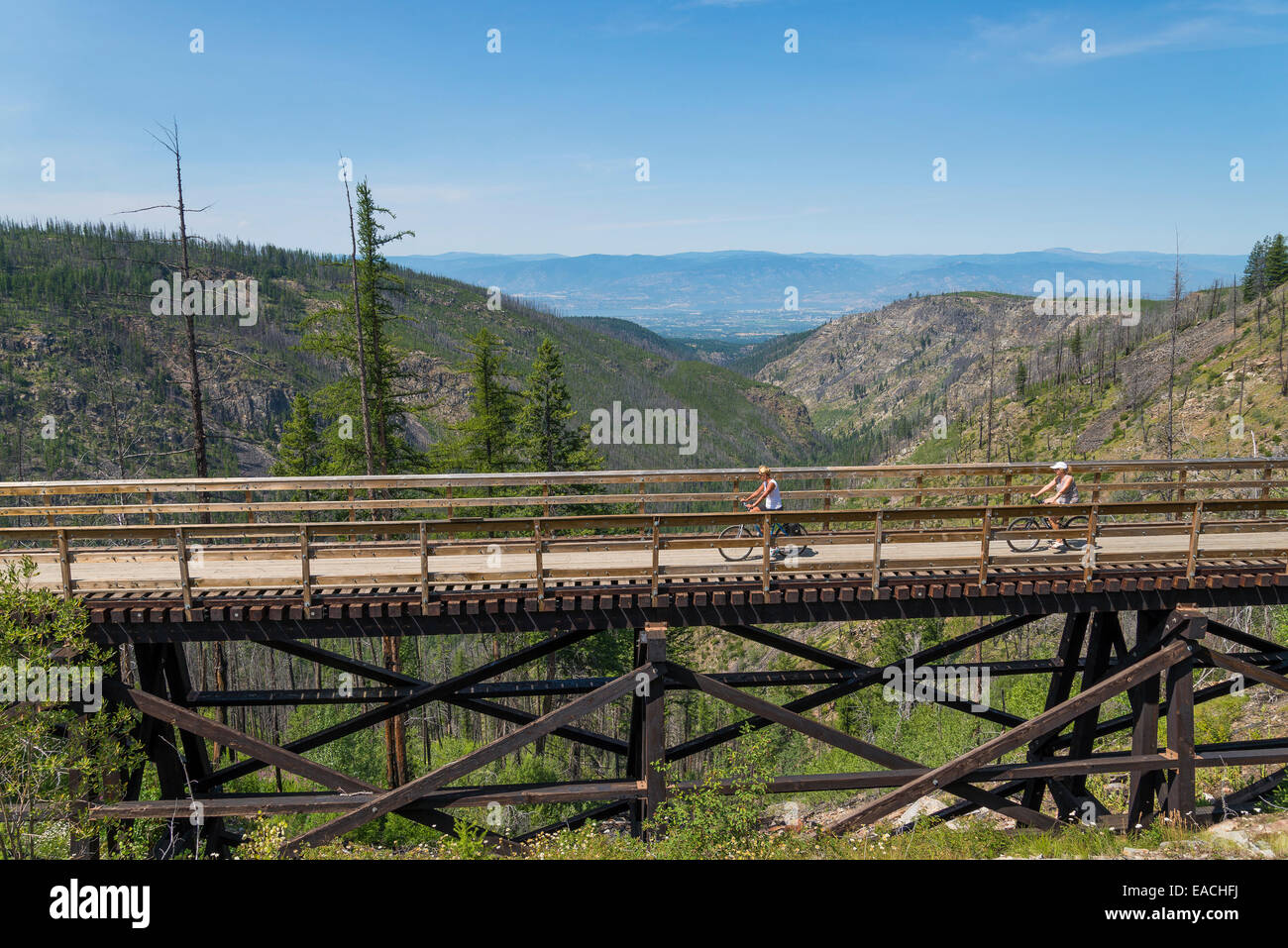 I ciclisti attraversando il ponte a traliccio a Myra Canyon nei pressi di Kelowna, British Columbia, Canada Foto Stock