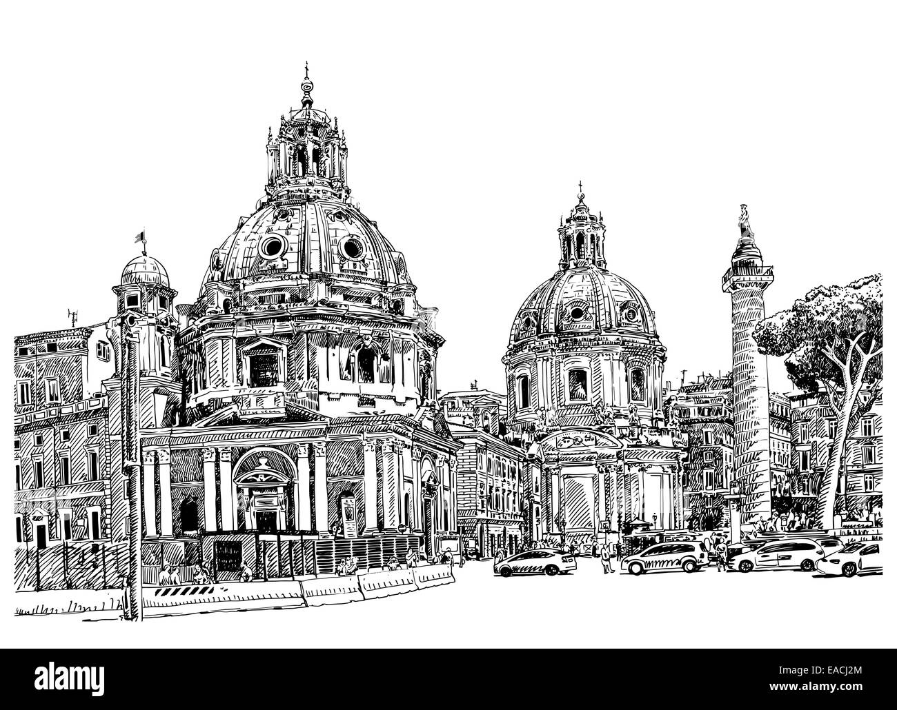 Bianco e nero disegno digitale di Roma Italia cityscape Foto Stock