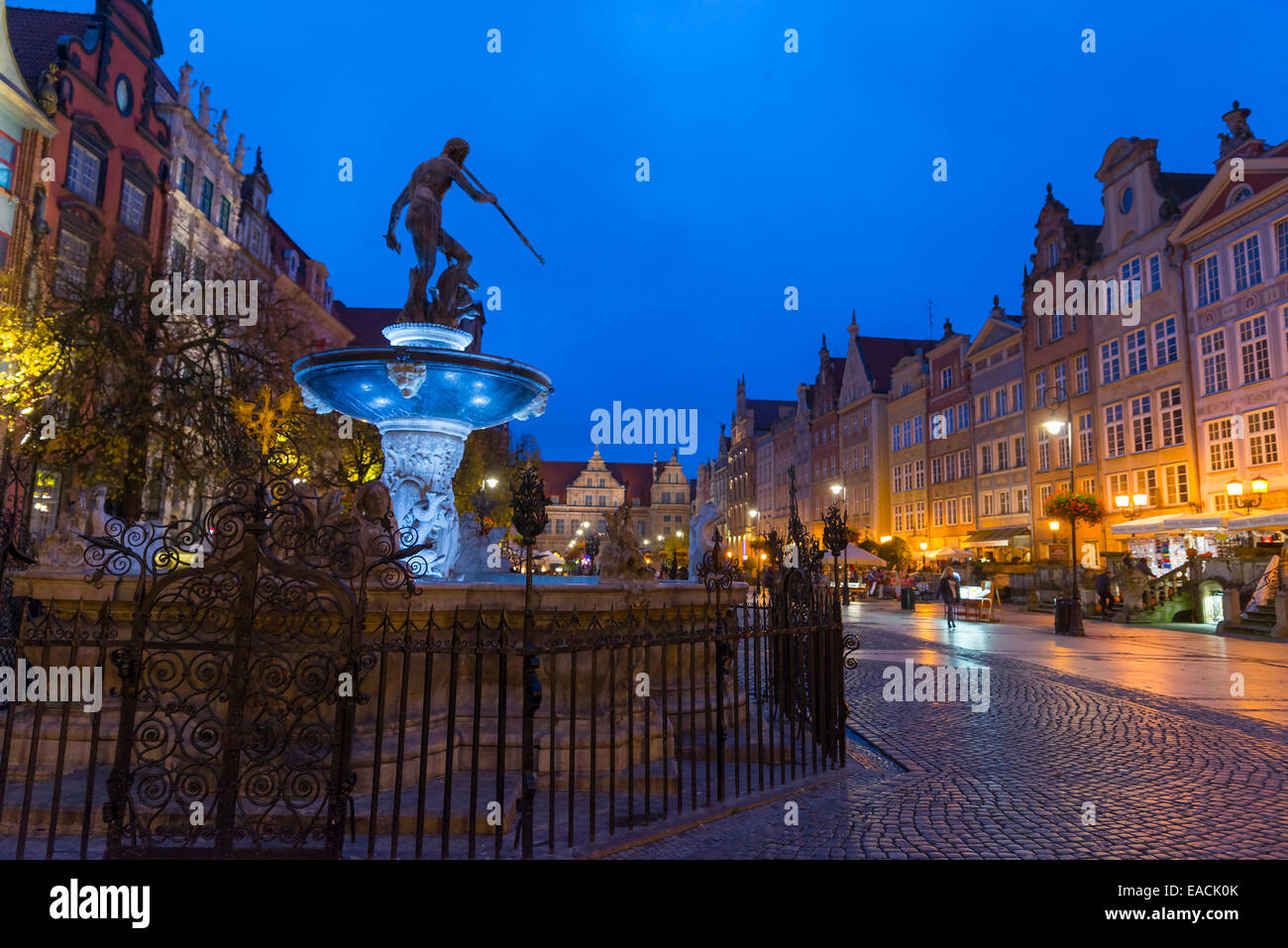 Punto di riferimento di Danzica - Fontana di Nettuno nel centro storico della città. Foto Stock