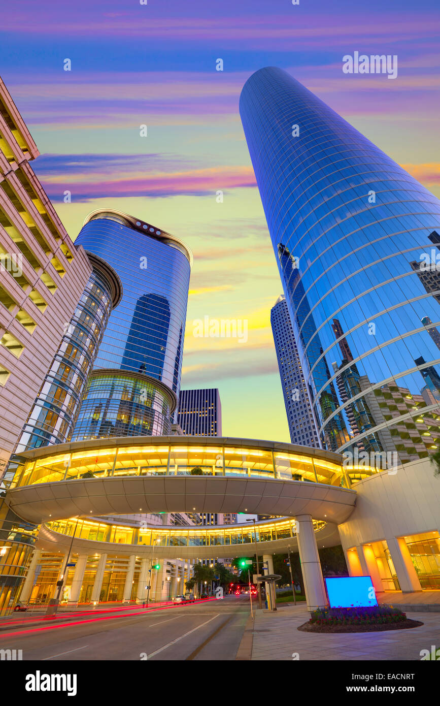 Houston Downtown tramonto moderni grattacieli al Texas US STATI UNITI D'AMERICA Foto Stock