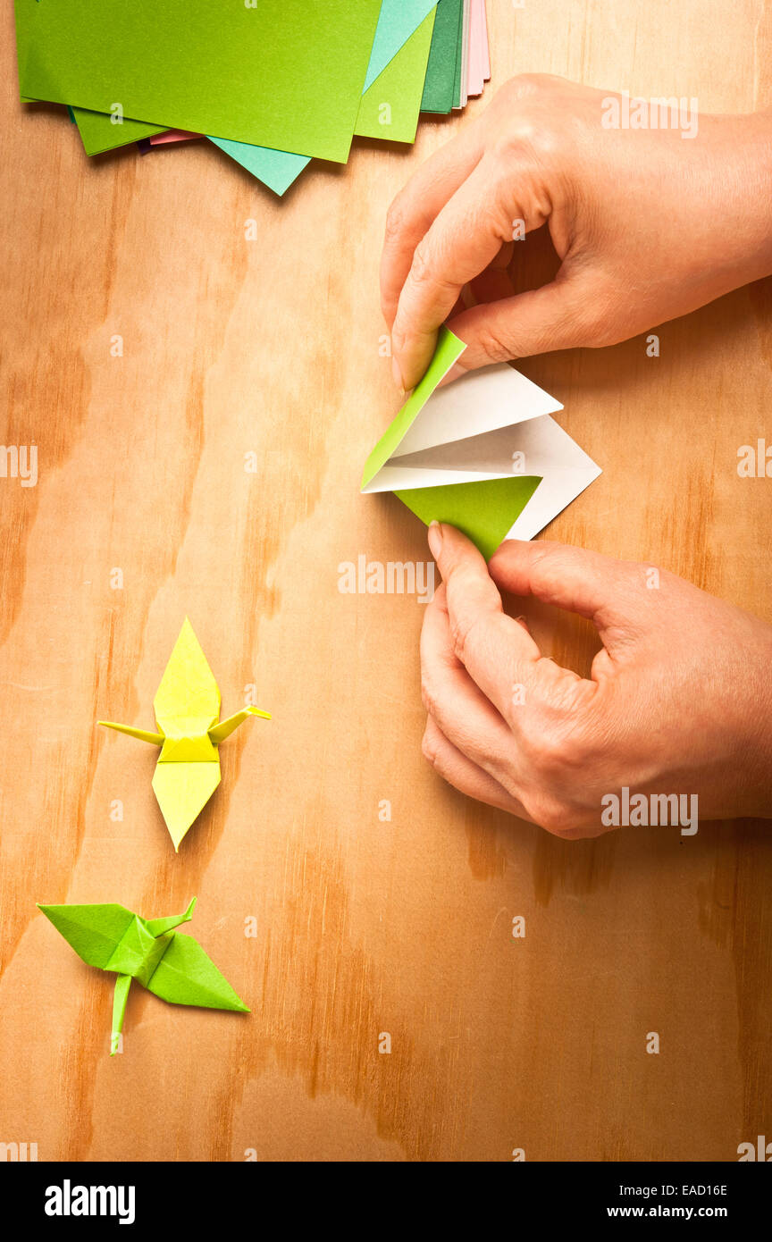 Donna piegando la carta per origami Foto Stock