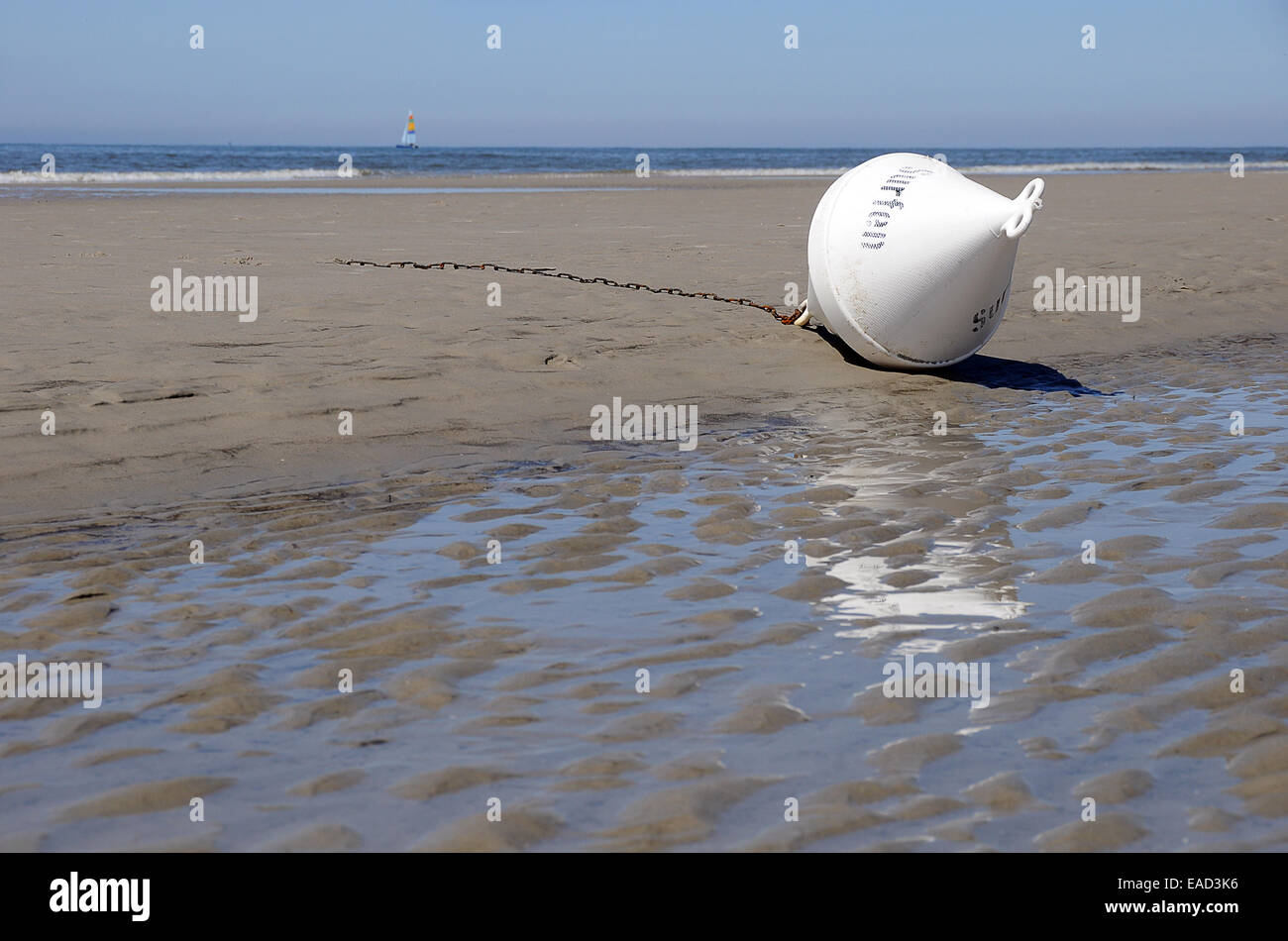 La boa contrassegnata 'Surfen' giacente sulla spiaggia, San Peter-Ording, Schleswig-Holstein, Germania Foto Stock