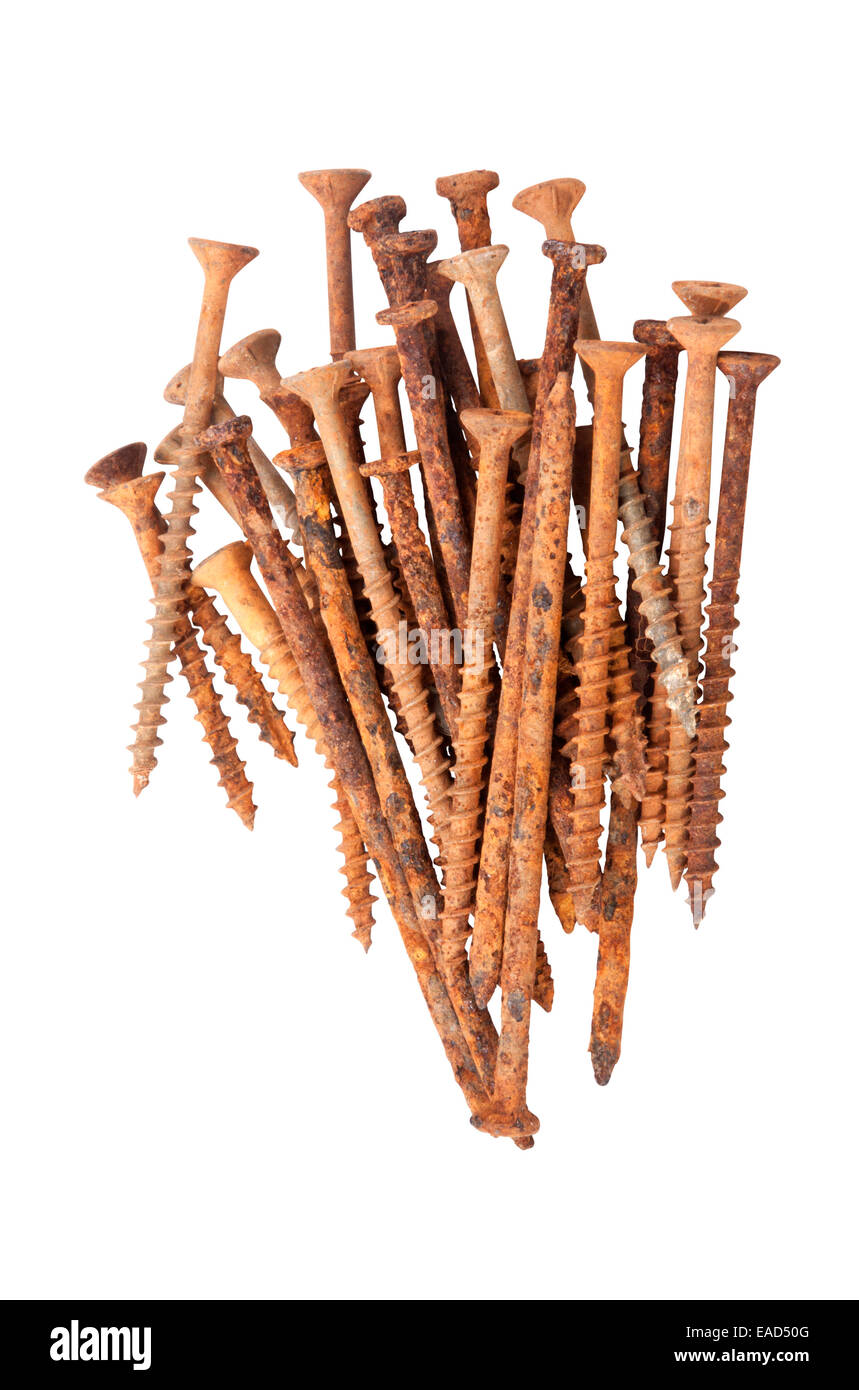 Isolato mazzetto di vecchio arrugginito viti per legno e chiodi Foto Stock