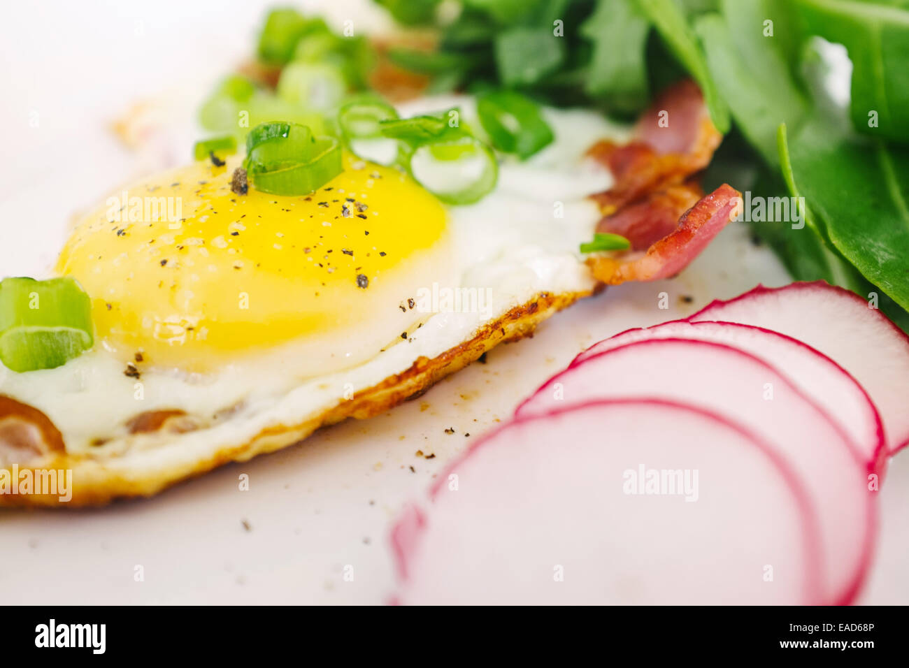 Organici di uovo fritto con verde di rafano cipolla e pancetta Foto Stock