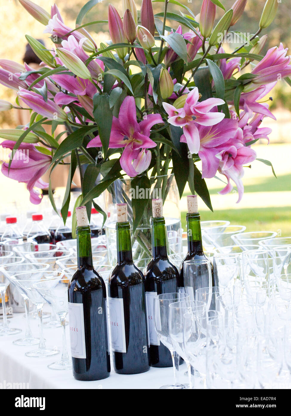 La tabella all'aperto in giardino con lillys, vino e bicchieri di vino Foto Stock