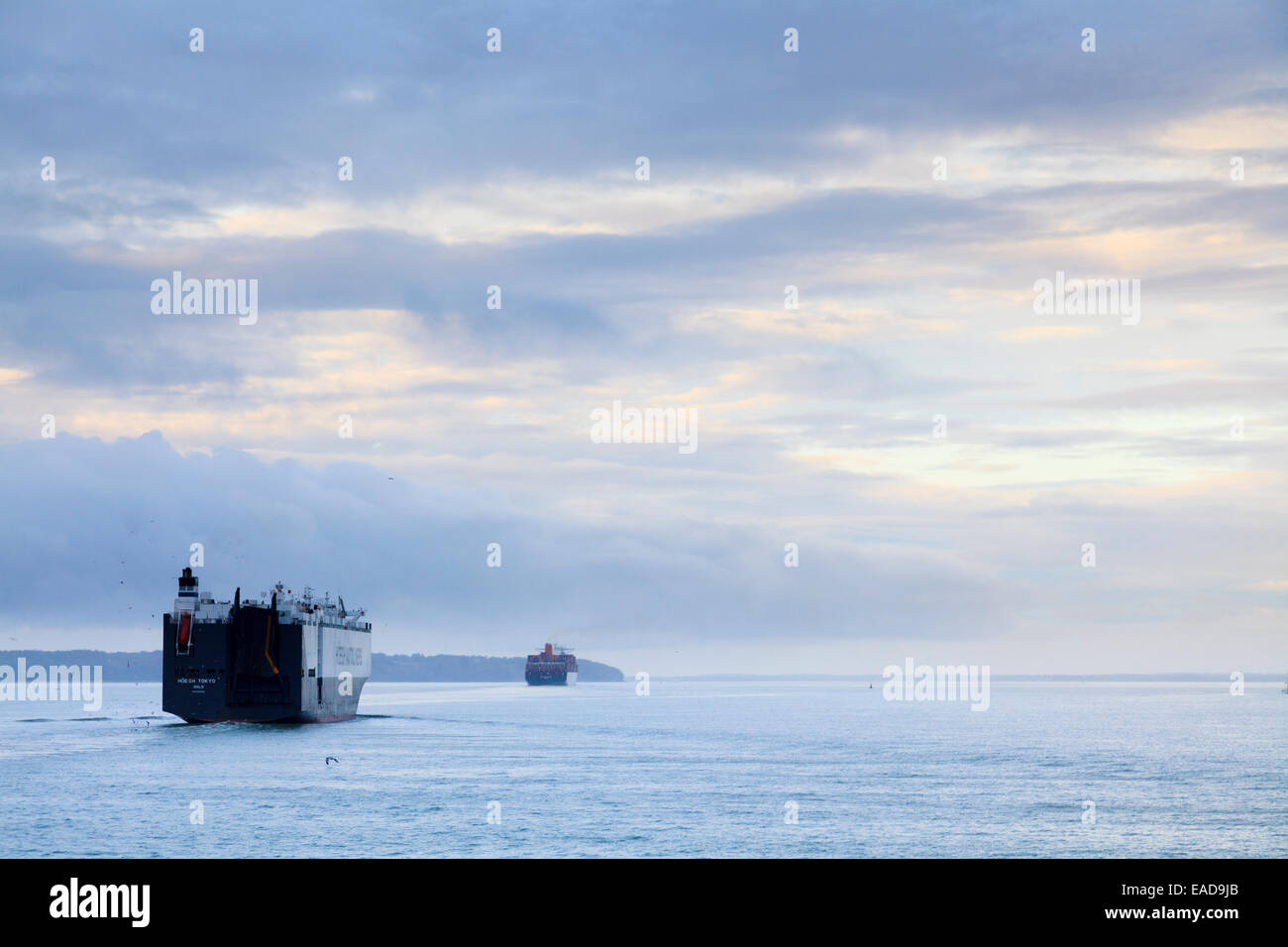 Hoegh Autoliners auto nave da trasporto heads up il Solent a Southampton all'alba Foto Stock