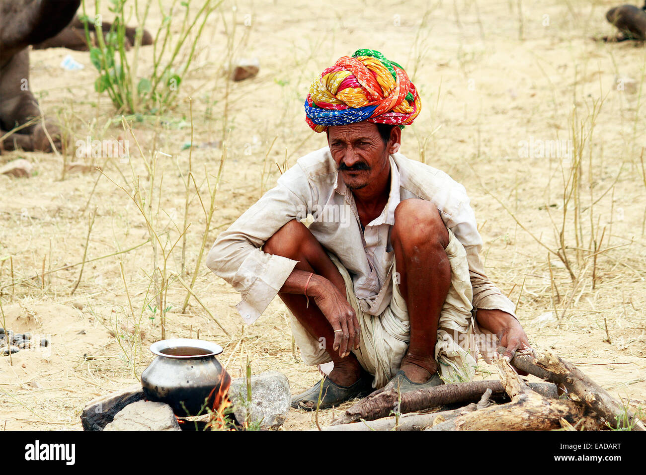 Annuale, Asia, camel fair, camel trader, dawn, orecchini, equo, India, maschio, uomo, mattina, baffi, ritratto, pushkar, rajasthan Foto Stock