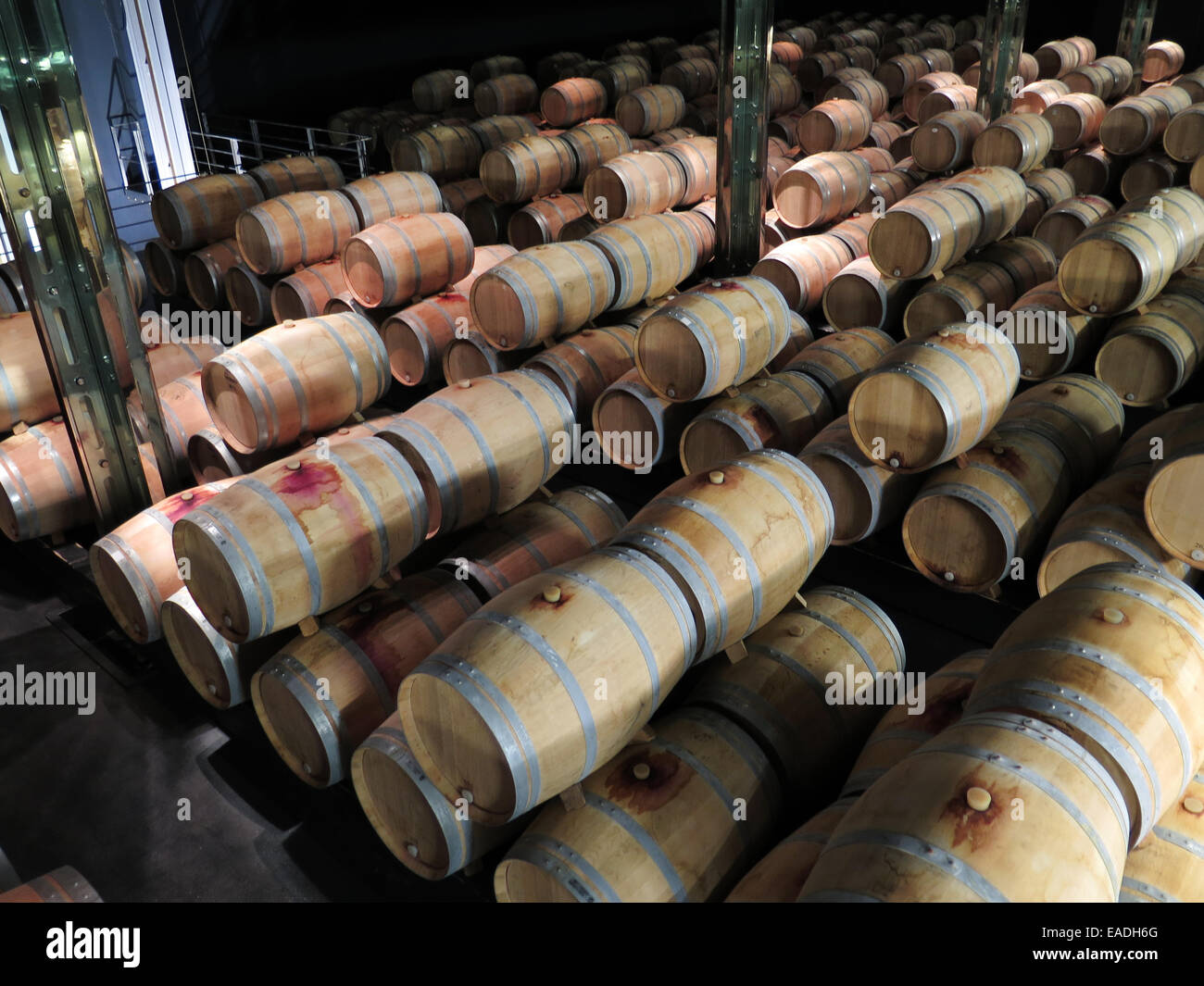 1 anno di vecchie botti di rovere nella cantina a Chateau Cos D'Estournel nel Saint-Estephe denominazione di Bordeaux, Francia Foto Stock