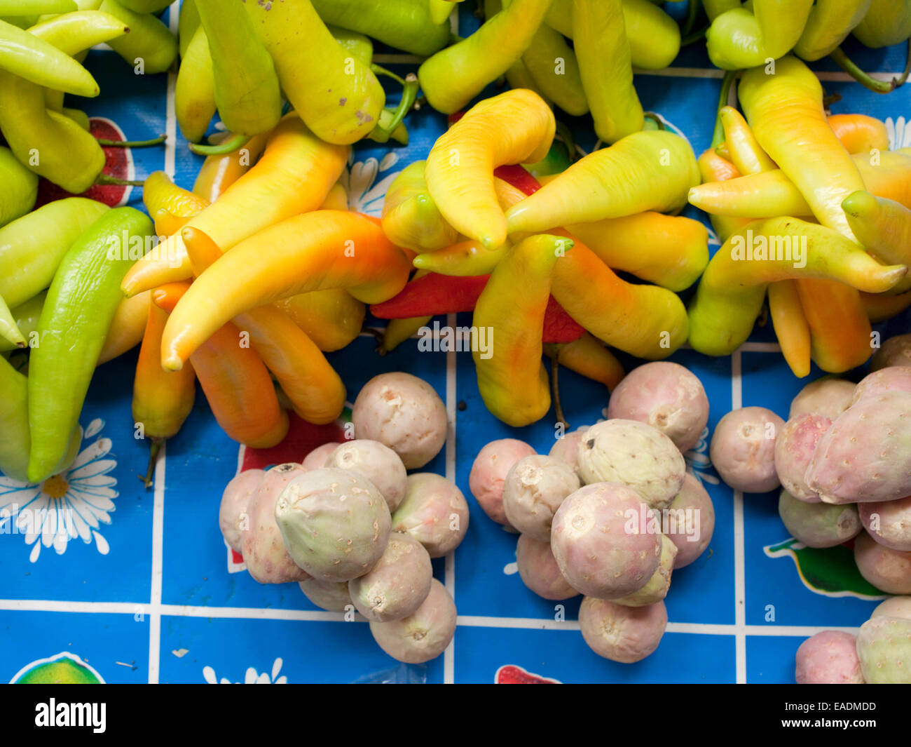 Peperoni e Ficodindia Cactus per la vendita sul tavolo al mercato in Messico Foto Stock