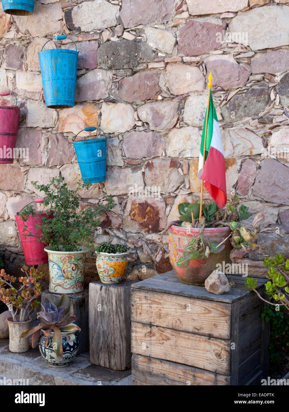 Giardino di vasi di piante succulente e bandiera messicana Foto Stock