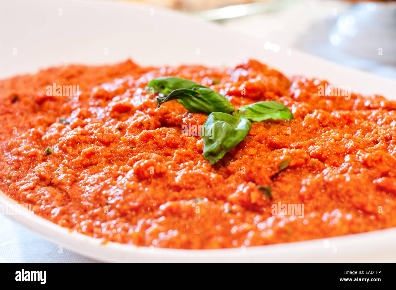 Pap con salsa di pomodoro in una tradizionale ricetta toscana con foglia di basilico Foto Stock