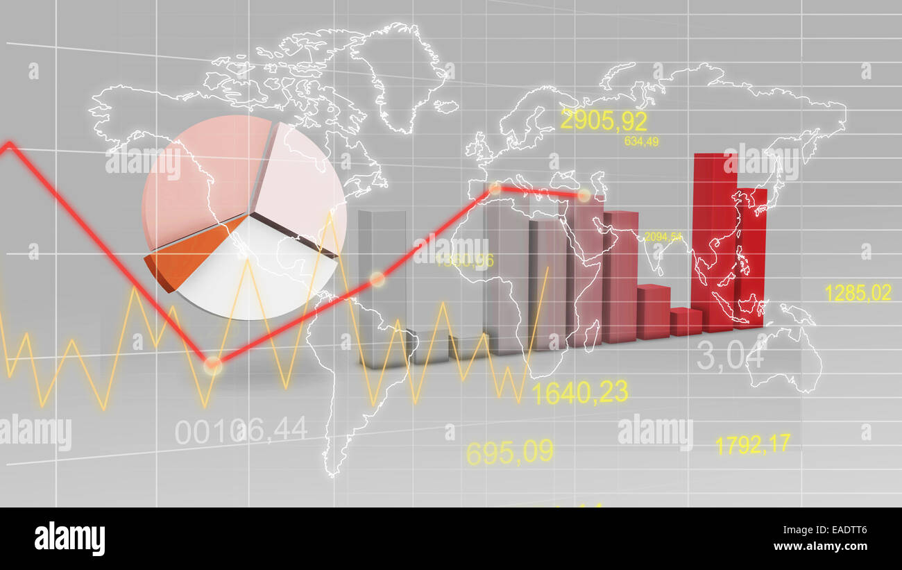 Mappa mondiale di dati statistici grafico Finanza rosso 3D sfondo Foto Stock