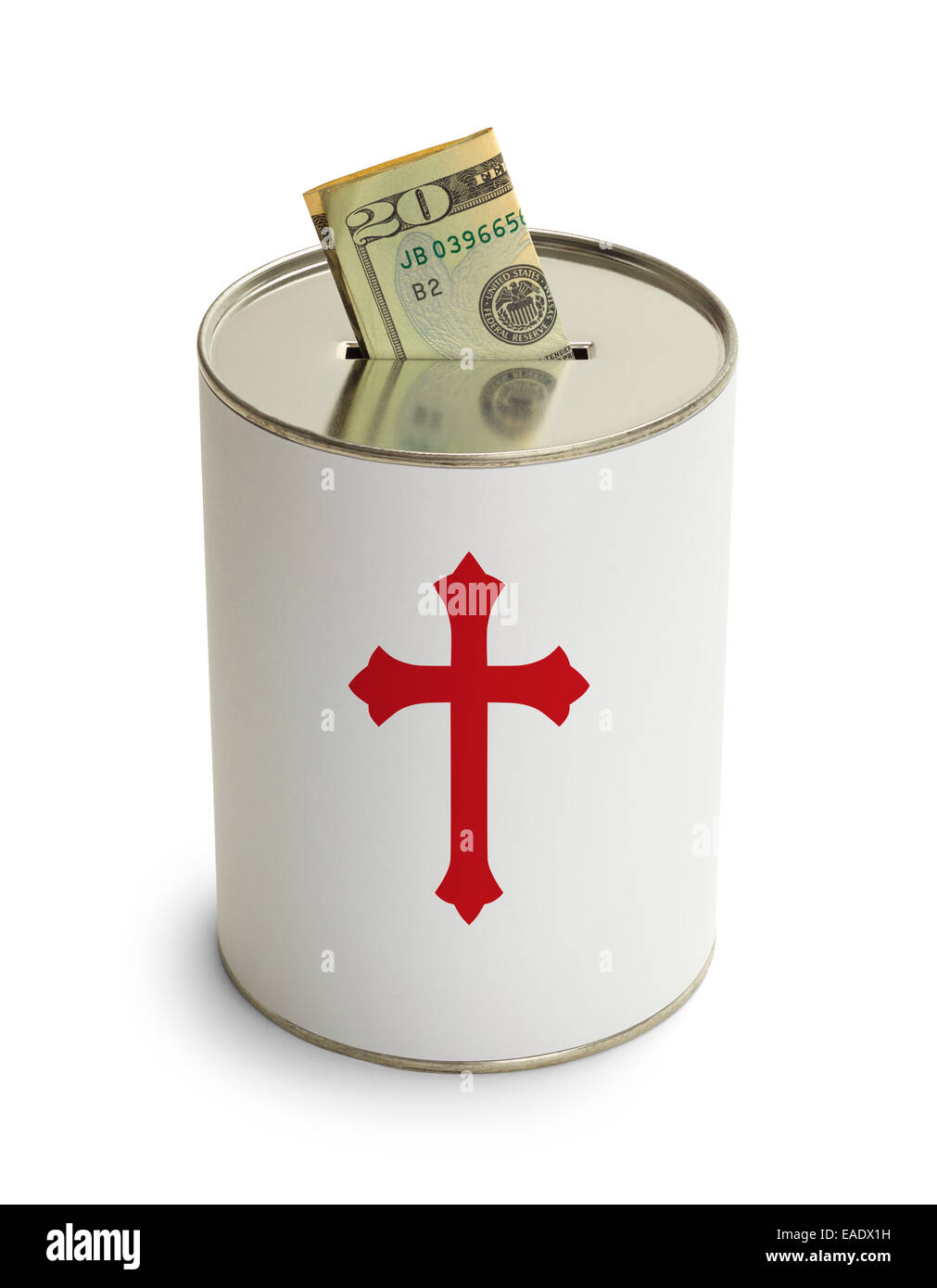 Chiesa donazione può con la croce e il denaro isolato su sfondo bianco. Foto Stock