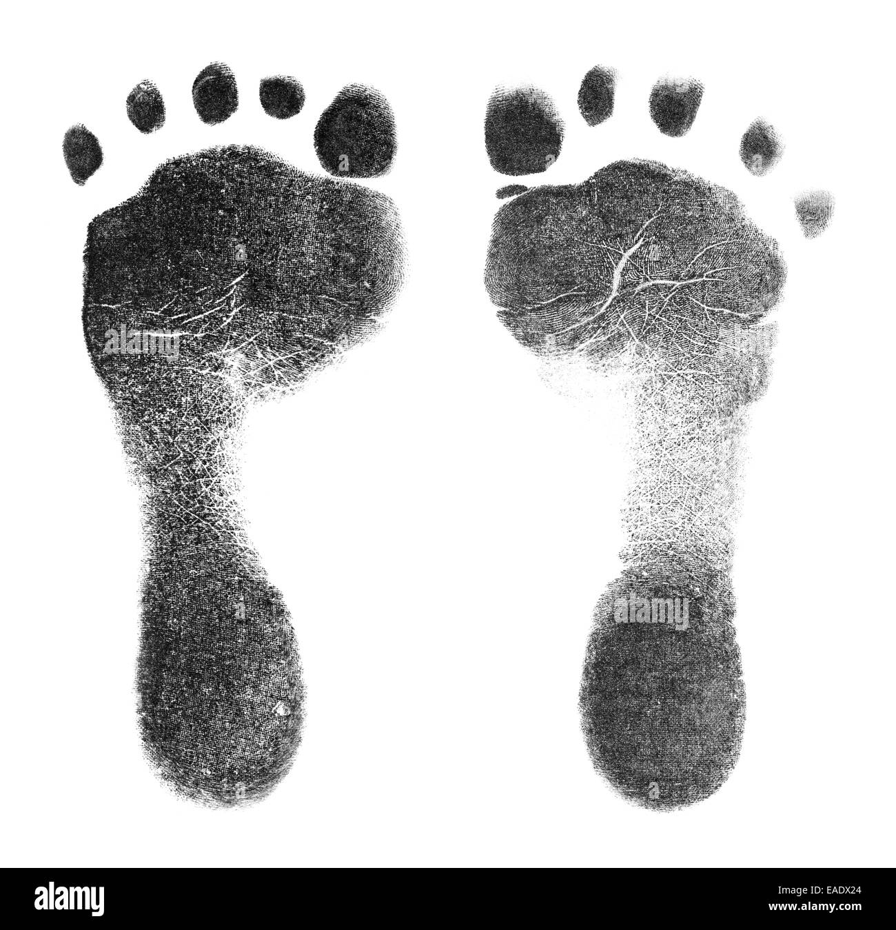 Black Baby piedi stampe isolati su sfondo bianco. Foto Stock