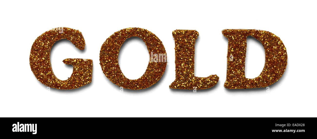 Parola oro con Golden Glitter lettere isolati su sfondo bianco. Foto Stock