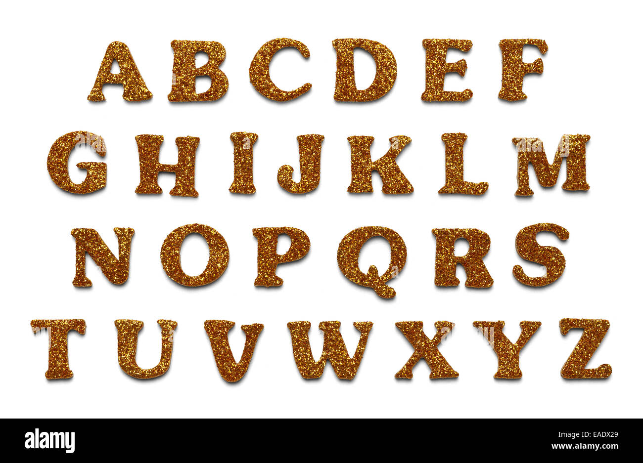 Oro Sticker glitter alfabeto isolati su sfondo bianco. Foto Stock