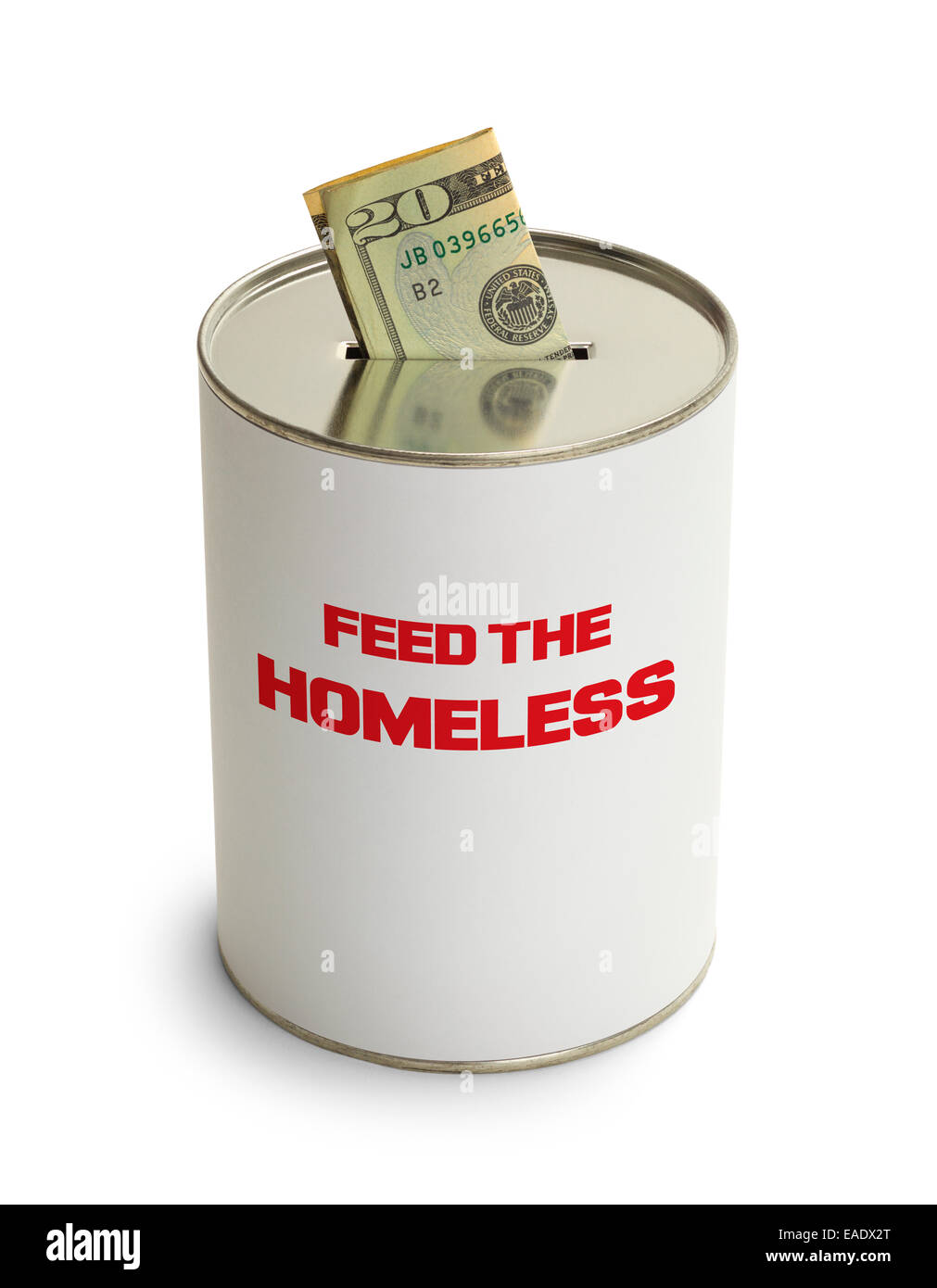 Alimentare il senzatetto donazione può isolati su sfondo bianco. Foto Stock
