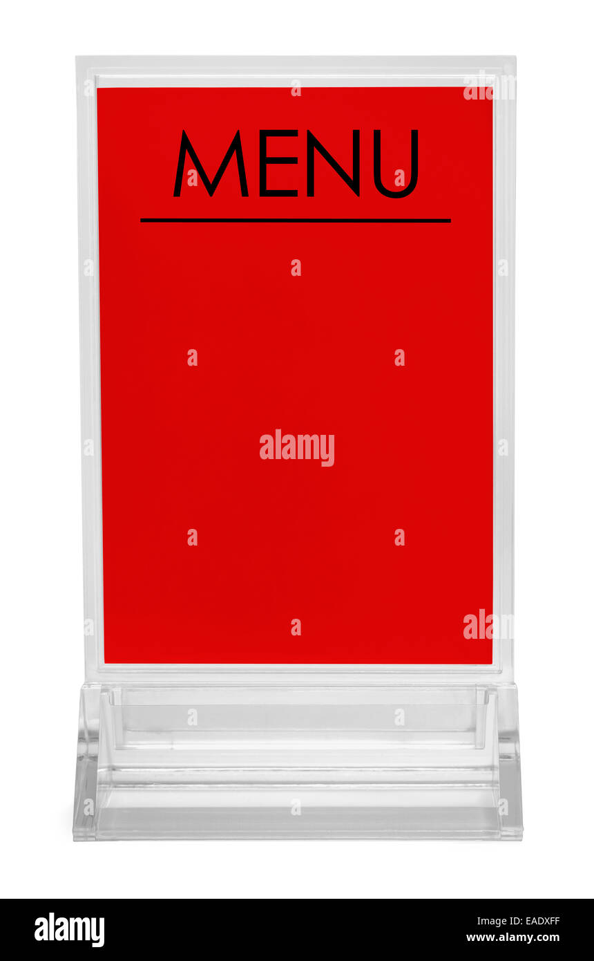 Tabella montante superiore in plastica segno Menu isolati su sfondo bianco. Foto Stock