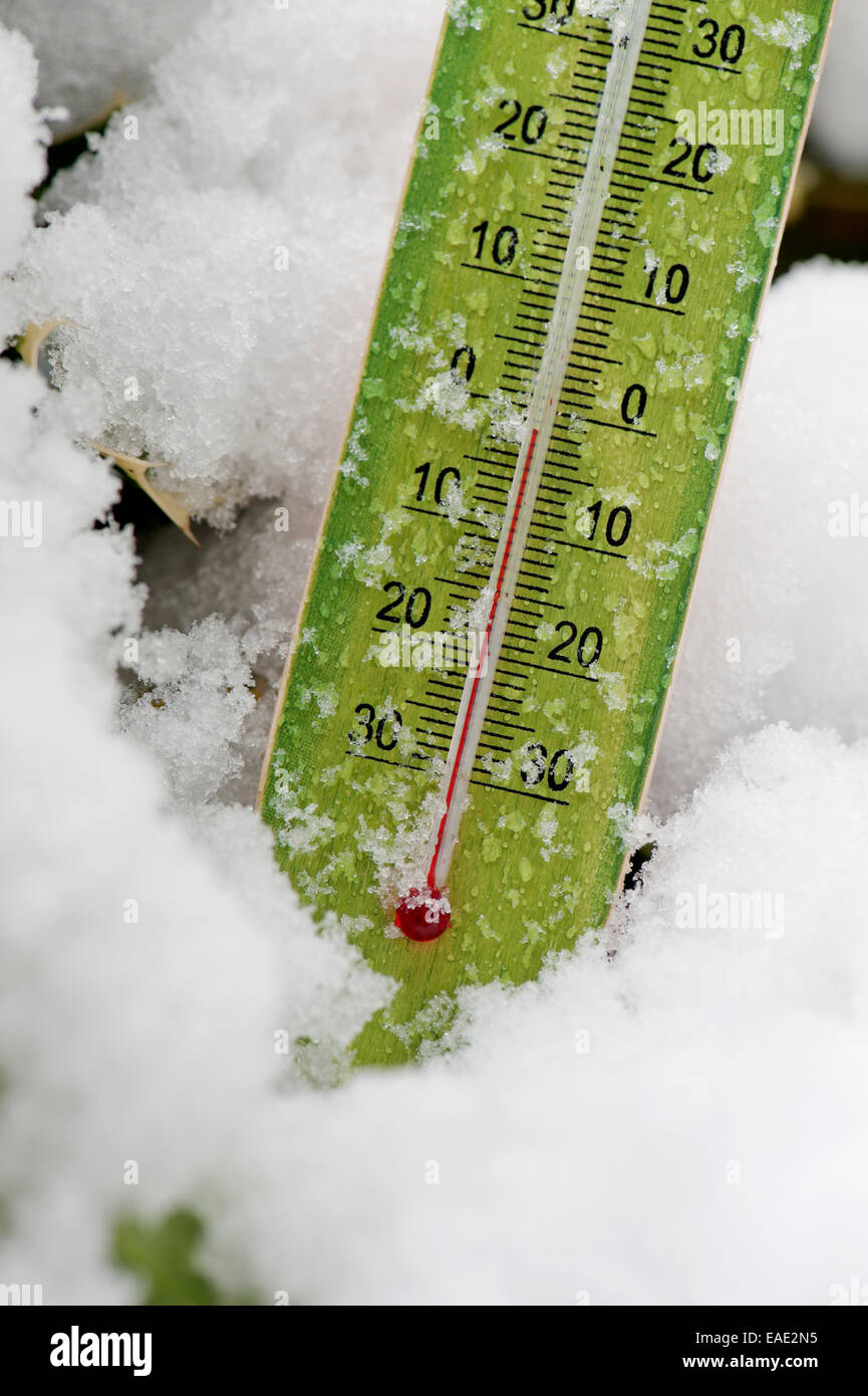 Termometro nel campo nevoso segna temperature al di sotto di zero Foto Stock