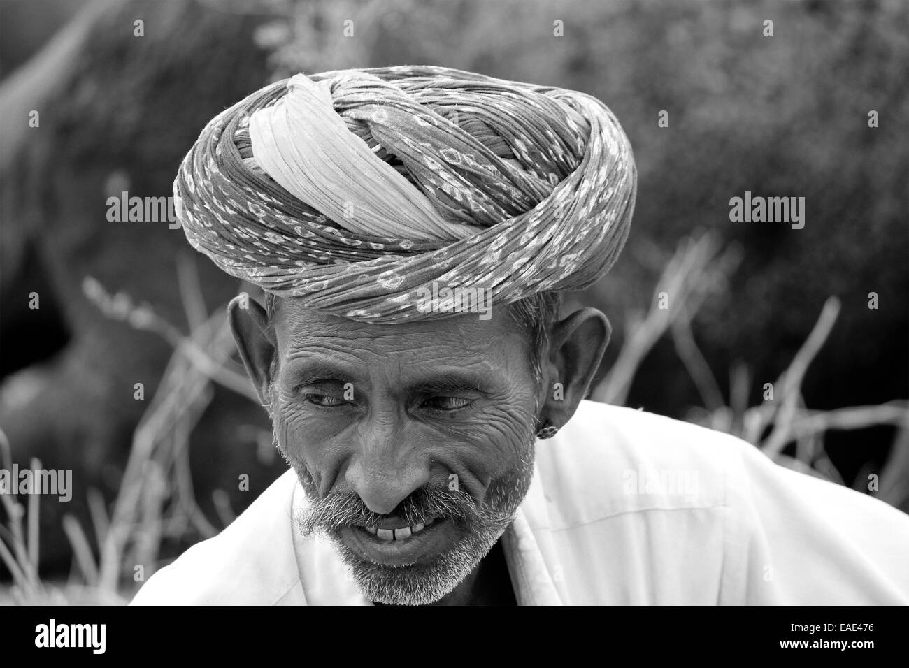 Turbante, indiano, maschio, vecchio, abitante, baffi e barba in Pushkar, Rajasthan, India. Foto Stock
